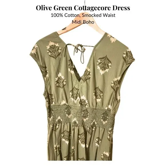 Cottagecore Green 100% Cotton Floral Boho Prarie Dress - Picture 3 of 4